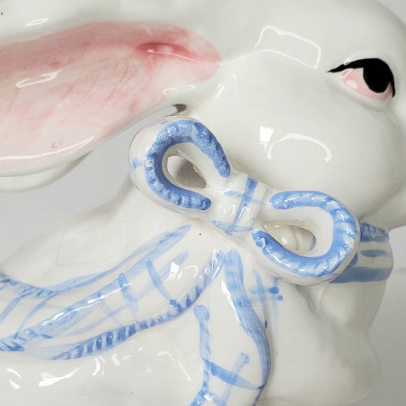 Vintage White Bunny Ceramic Figurine Blue Gingham Scarf Easter Spring - Picture 6 of 11